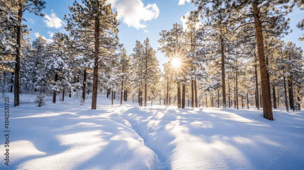 Fototapeta premium Snowy Landscape with Pinecones and Sunlight