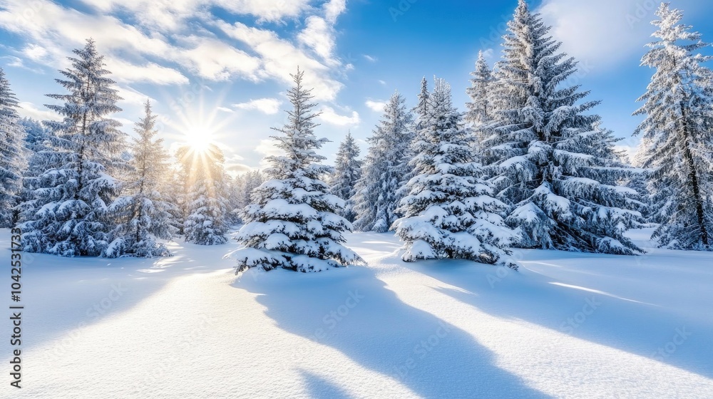 Snowy Landscape with Pinecones Under a Bright Sky Snowy Landscape with Pinecones Under a Bright Sky