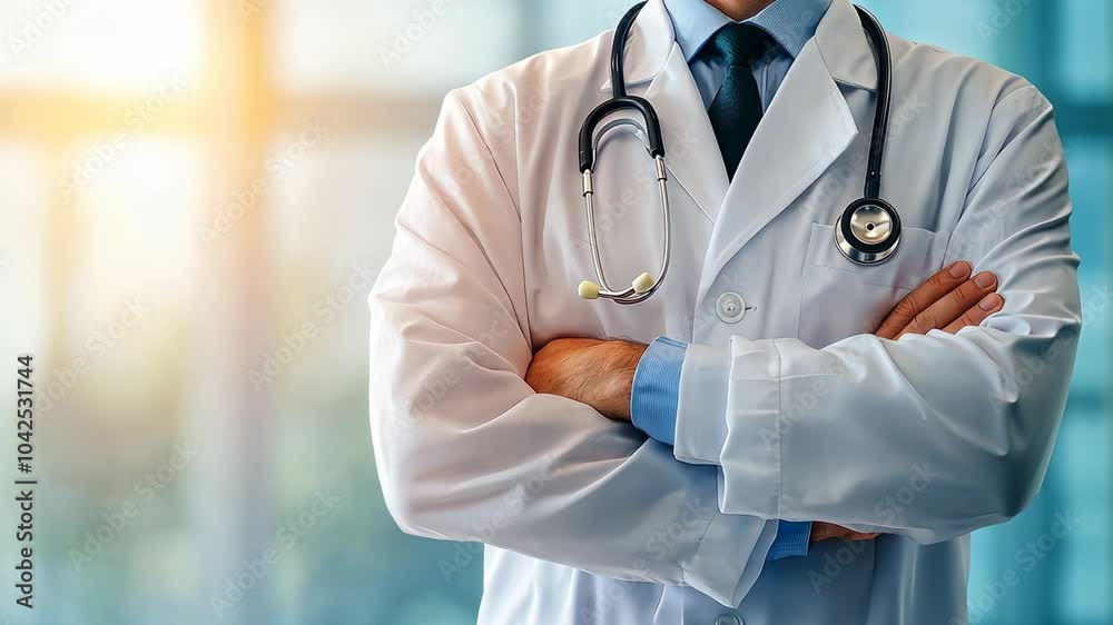 Confident doctor in white coat with stethoscope, professionalism and care in a modern medical environment.