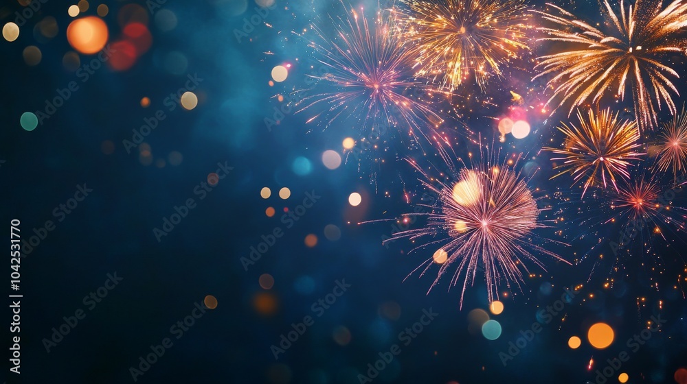 Obraz premium A vibrant display of fireworks explodes against a dark blue sky with twinkling bokeh lights.