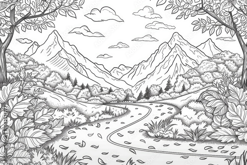 Coloring book illustration of a winding road surrounded by autumn foliage and mountains Coloring book illustration of a winding road surrounded by autumn foliage and mountains