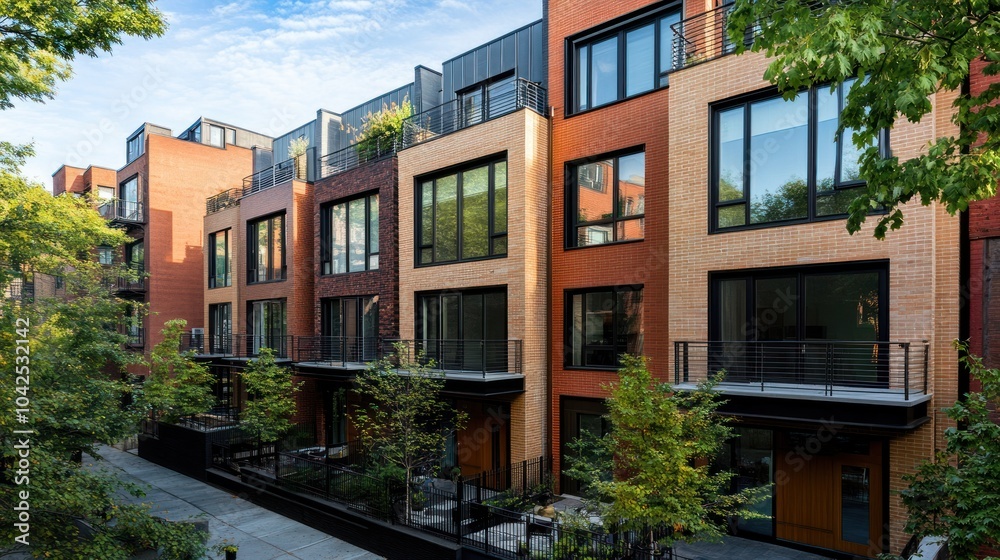 Modern residential buildings with balconies and greenery in an urban setting. Modern residential buildings with balconies and greenery in an urban setting.