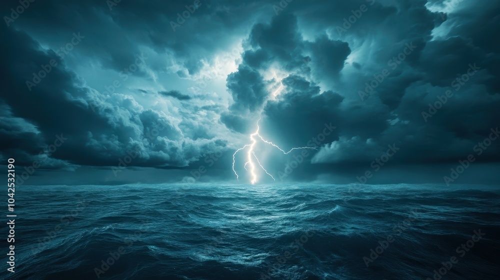 A dramatic seascape depicting a stormy ocean illuminated by lightning, showcasing dark clouds and turbulent waves under a moody sky. A dramatic seascape depicting a stormy ocean illuminated by lightning, showcasing dark clouds and turbulent waves under a moody sky.
