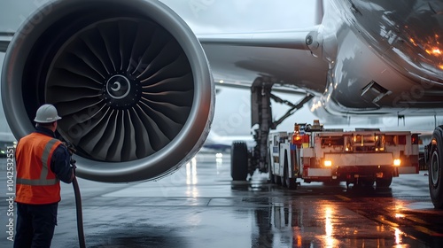 Aircraft ground crew working near a jet engine, preparing the aircraft for departure on a wet runway. A technician in a safety vest operates a hose while ground service equipment