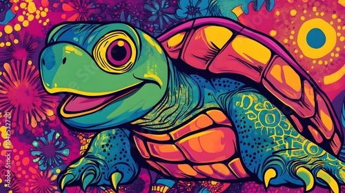 Whimsical and Colorful Turtle in a Playful,Retro Pop Art Style with a Vibrant Y2K Aesthetic