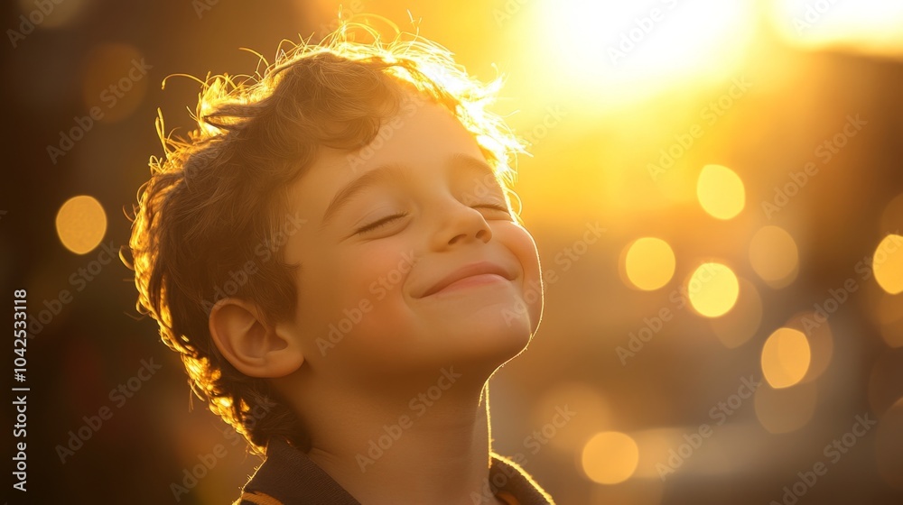 Fototapeta premium Boy with Curly Hair Smiling at Sunset