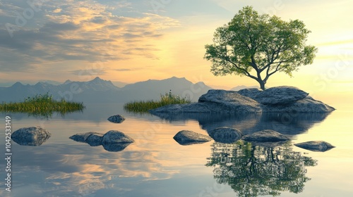 3D illustration depicting a serene landscape featuring a distinctive rock formation and a notable tree reflected in tranquil water during twilight photo