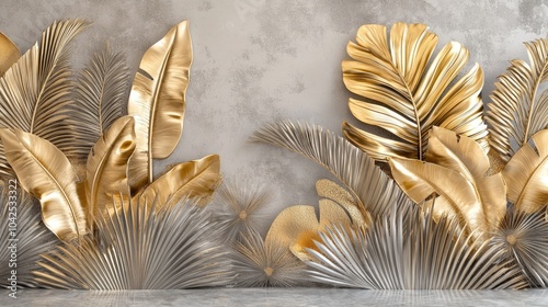 Gold Tree Wallpaper Mural featuring a 3D illustration with an abstract design of tropical and banana leaves against a grey background enhanced by 3D lines