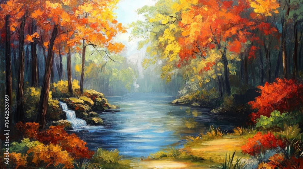 Oil painting depicting a panoramic view of a forest with vibrant natural scenery