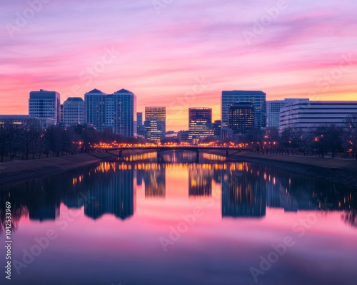 A serene sunset view over a city skyline reflected in a river.