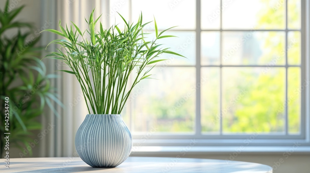 Fototapeta premium 3D rendering of a vase containing green bamboo stems placed on a table by a window