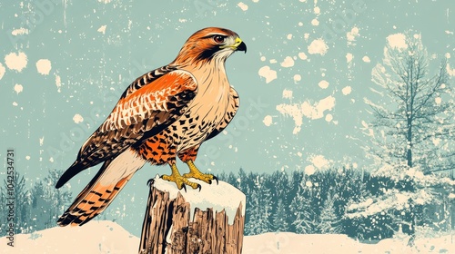 Bold Red Tailed Hawk Perched on a Tree Stump Surrounded by Snowy Winter Landscape photo