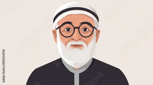 Portrait of an elderly man with a white beard and glasses A businessman of Middle Eastern descent depicted in traditional attire 2D flat cartoon illustration