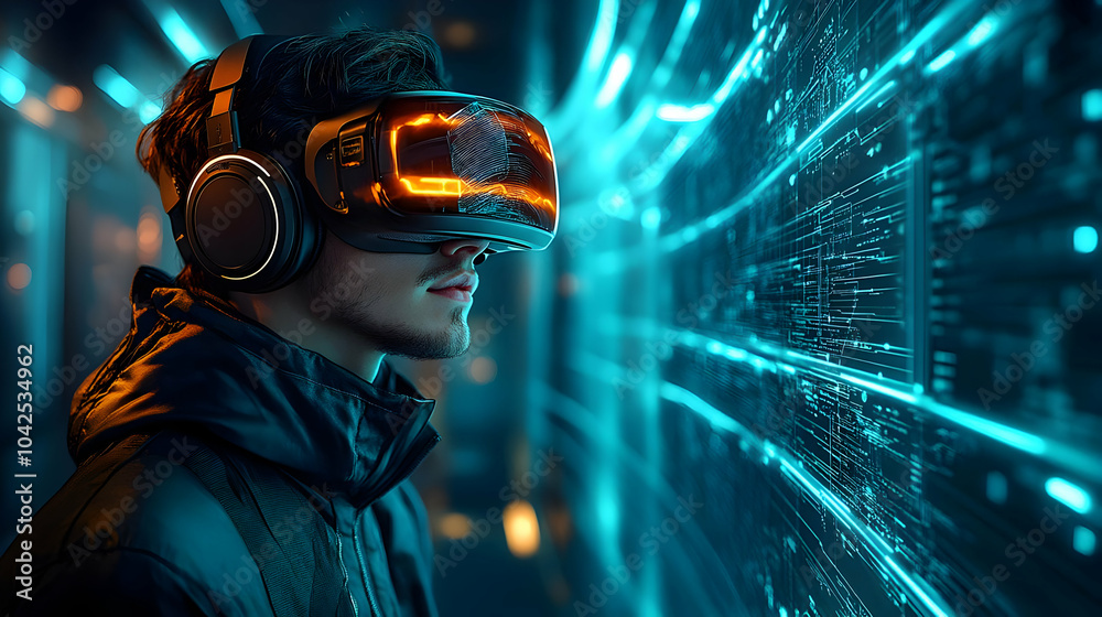 A person wearing VR headset immersed in a digital environment. A person wearing VR headset immersed in a digital environment.