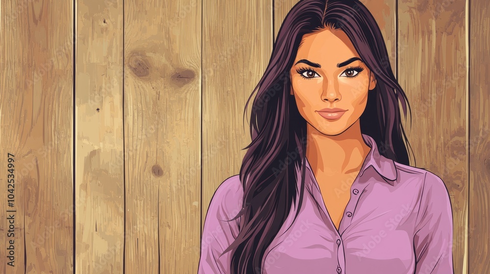 Fototapeta premium Confident woman poses firmly in front of a rustic wooden background wearing a lilac shirt