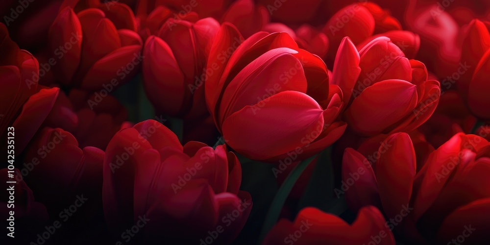 Naklejka premium Vibrant red tulips in bloom within a garden, featuring ample space for text, Red tulips blooming in a garden with space for text