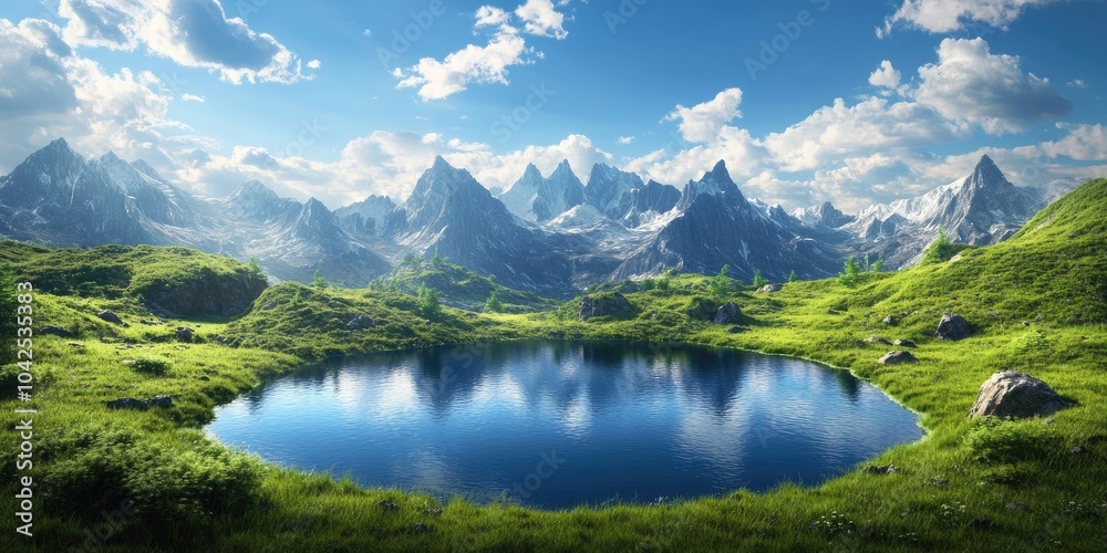 Stunning panoramic view of an alpine lake surrounded by majestic mountains A sense of adventure in the remote wilderness of the rugged Alps with towering mountain ridges Stunning panoramic view of an alpine lake surrounded by majestic mountains A sense of adventure in the remote wilderness of the rugged Alps with towering mountain ridges