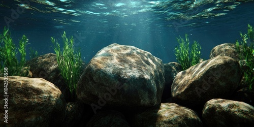 Brown rocks submerged underwater near rocky shores, accompanied by green thallophytic plants, captured from an aerial perspective photo