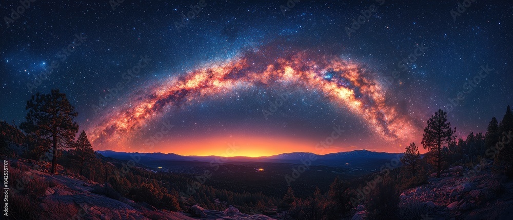 Naklejka premium Milky Way Arching Over a Mountainous Landscape at Dusk