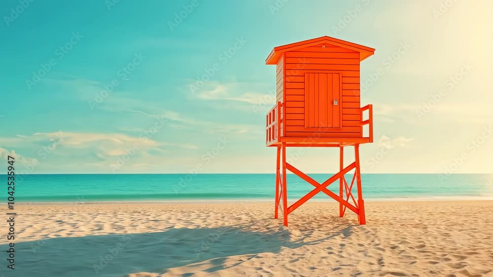 A vibrant lifeguard tower stands alone on a tranquil beach A vibrant lifeguard tower stands alone on a tranquil beach