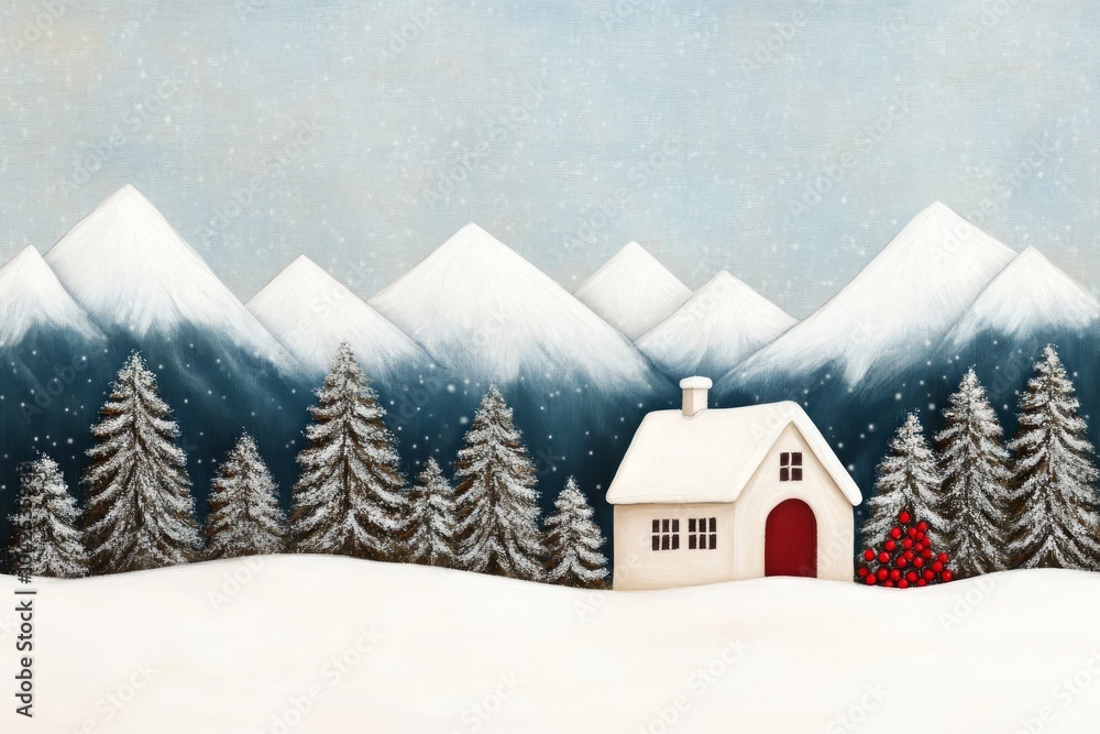 A serene winter landscape featuring a cozy house amidst snowy mountains. A serene winter landscape featuring a cozy house amidst snowy mountains.