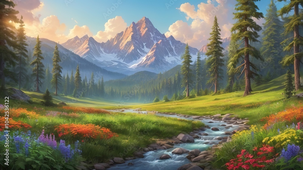 Vibrant landscape with lush forests and towering mountains, vivid nature scene Vibrant landscape with lush forests and towering mountains, vivid nature scene