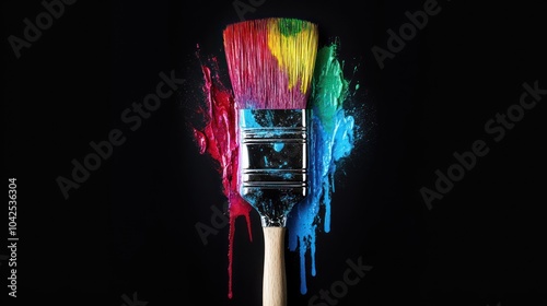 A vibrant paintbrush splattered with colorful paint, symbolizing creativity and artistry. photo