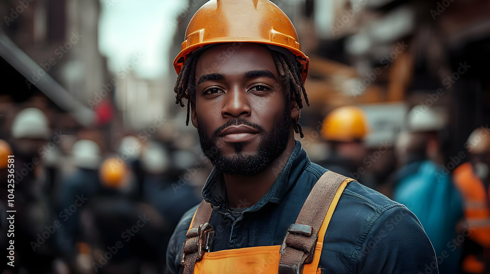 A confident construction worker in a hard hat at a busy site. A confident construction worker in a hard hat at a busy site.