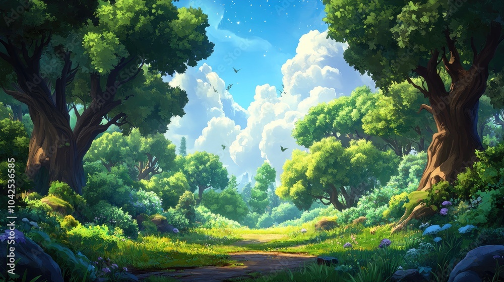 Sunlit Forest Path with Lush Greenery and White Clouds Sunlit Forest Path with Lush Greenery and White Clouds