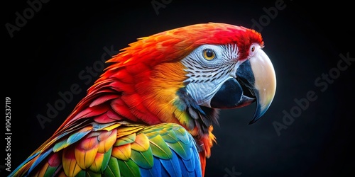 A Vivid Portrait of a Scarlet Macaw, Its Feathers Displaying an Array of Colors Against a Dark Background