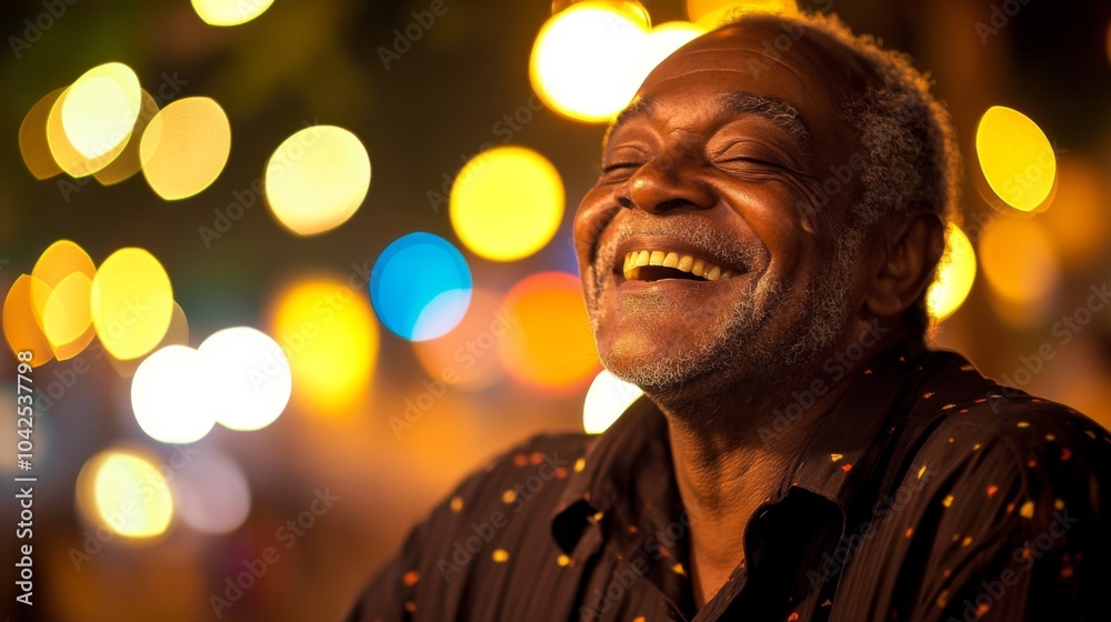 Portrait of a Smiling Black Man with Blurry Lights in the Background Portrait of a Smiling Black Man with Blurry Lights in the Background