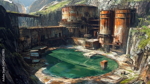 Abandoned Industrial Complex with Green Pool Surrounded by Cliffs