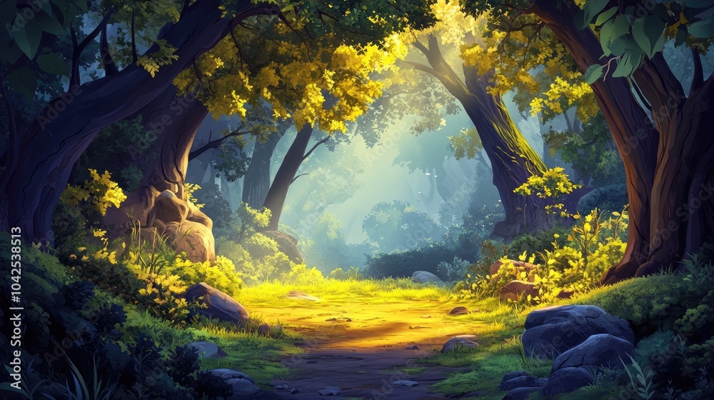 Obraz premium A Sunlit Path Through a Lush, Green Forest