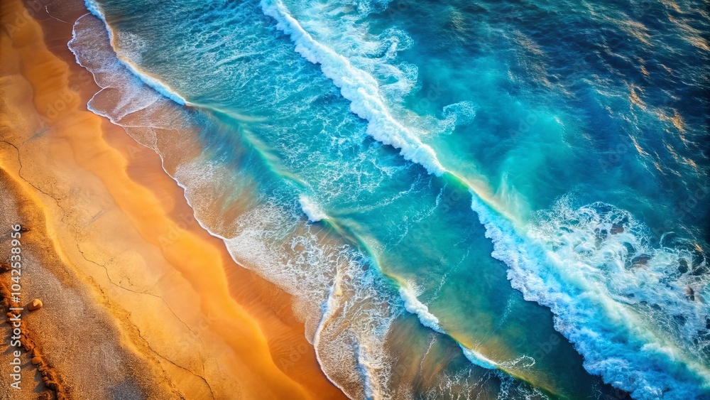 A Breathtaking Aerial View of a Golden Sand Beach Meeting the Deep Blue Ocean with Foamy Waves Rolling in A Breathtaking Aerial View of a Golden Sand Beach Meeting the Deep Blue Ocean with Foamy Waves Rolling in