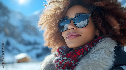 A woman with curly hair enjoys a snowy landscape in sunglasses.