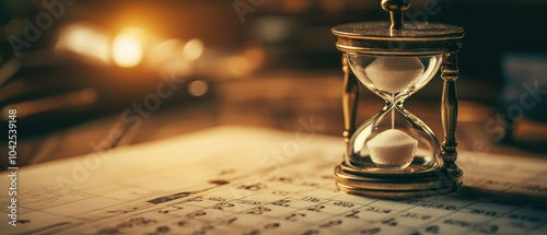 An hourglass sits on sheet music, symbolizing the passage of time in creative pursuits. photo