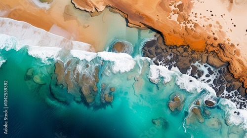 Satellite angle photography of coastline. Ocean waves meet the beach. Bird eye view of the ocean and rocks.