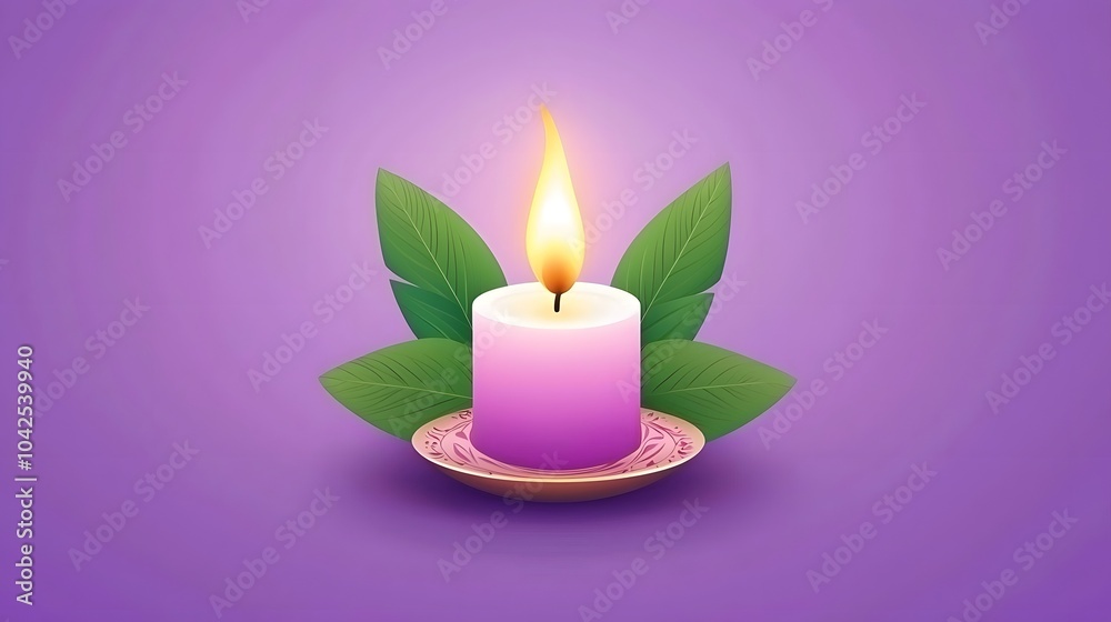 Burning Candle with Green Leaves on Purple Background. Burning Candle with Green Leaves on Purple Background.