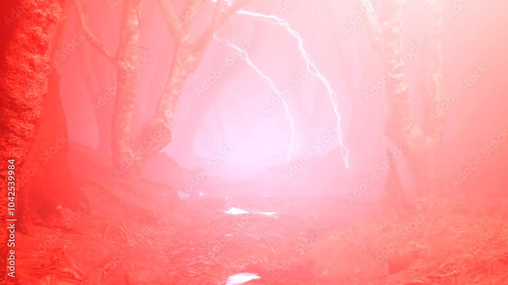 Red lightning and jungle animation featuring dramatic electric bolts illuminating a dense forest creating a mysterious and intense atmosphere perfect for cinematic or creative projects