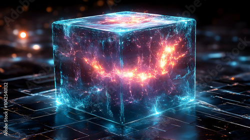A glowing, abstract cube su...