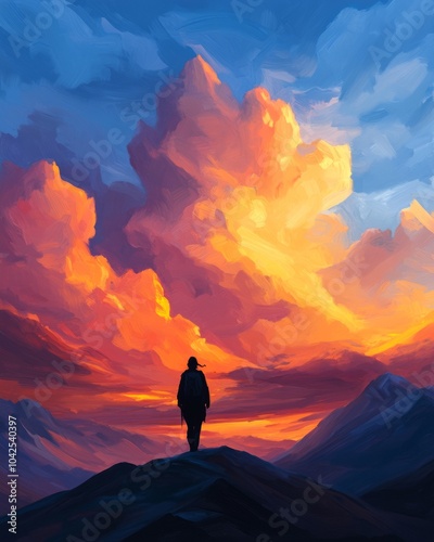 A silhouette of a person against a vibrant sunset sky with clouds.