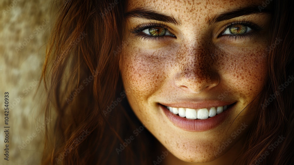 Close-up Portrait of a Woman with Freckles and Green Eyes Smiling Close-up Portrait of a Woman with Freckles and Green Eyes Smiling