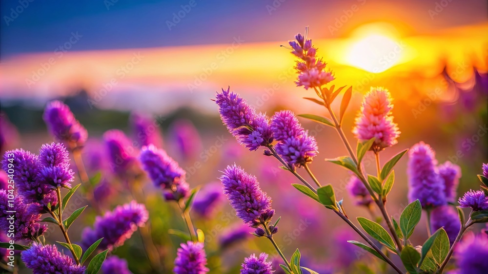 A vibrant field of purple wildflowers bathed in the golden light of a setting sun, their delicate petals catching the warm glow and casting shadows on the lush green foliage. A vibrant field of purple wildflowers bathed in the golden light of a setting sun, their delicate petals catching the warm glow and casting shadows on the lush green foliage.