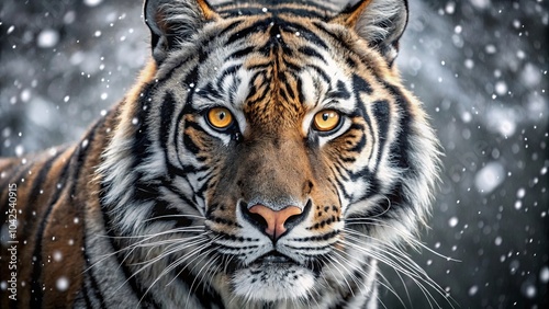 A tiger's gaze pierces the falling snow, its amber eyes reflecting the intensity of its presence in the winter landscape.