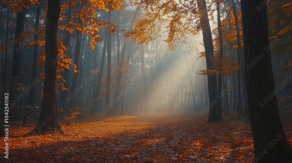 A tranquil morning unfolds in a coniferous forest, where tall pines reach skyward. Soft fog drapes the landscape, and the ground is a vibrant tapestry of fallen autumn leaves. A tranquil morning unfolds in a coniferous forest, where tall pines reach skyward. Soft fog drapes the landscape, and the ground is a vibrant tapestry of fallen autumn leaves.