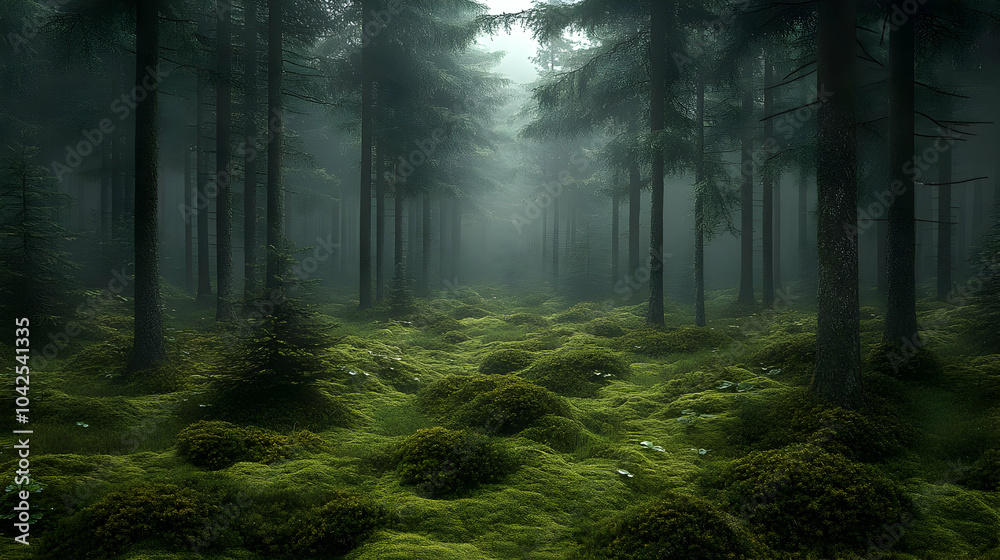 Fototapeta premium Serene forest landscape shrouded in mist and lush green moss.