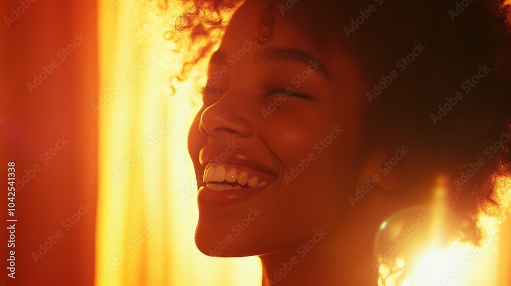 Close-up Portrait of a Smiling Woman with Curly Hair, Illuminated by Warm Light Close-up Portrait of a Smiling Woman with Curly Hair, Illuminated by Warm Light