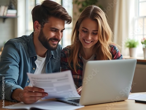 Young couple of new homeowners using laptop while doing their taxes. Generated AI