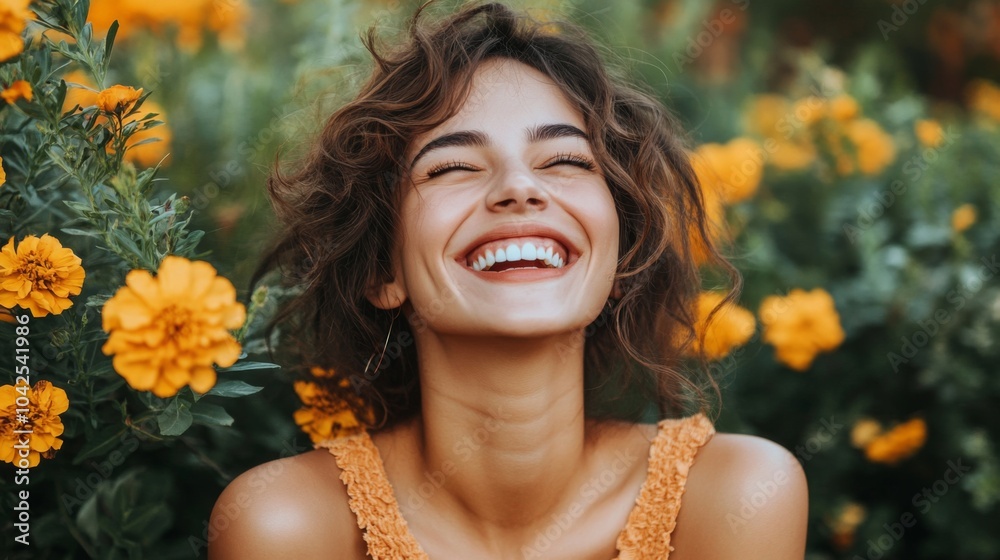 Woman with curly brown hair laughing in a field of yellow flowers Woman with curly brown hair laughing in a field of yellow flowers