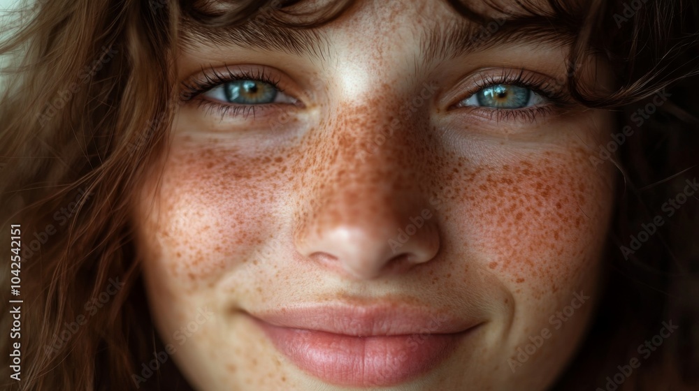 Close-up portrait of a woman with freckles and blue eyes smiling softly Close-up portrait of a woman with freckles and blue eyes smiling softly